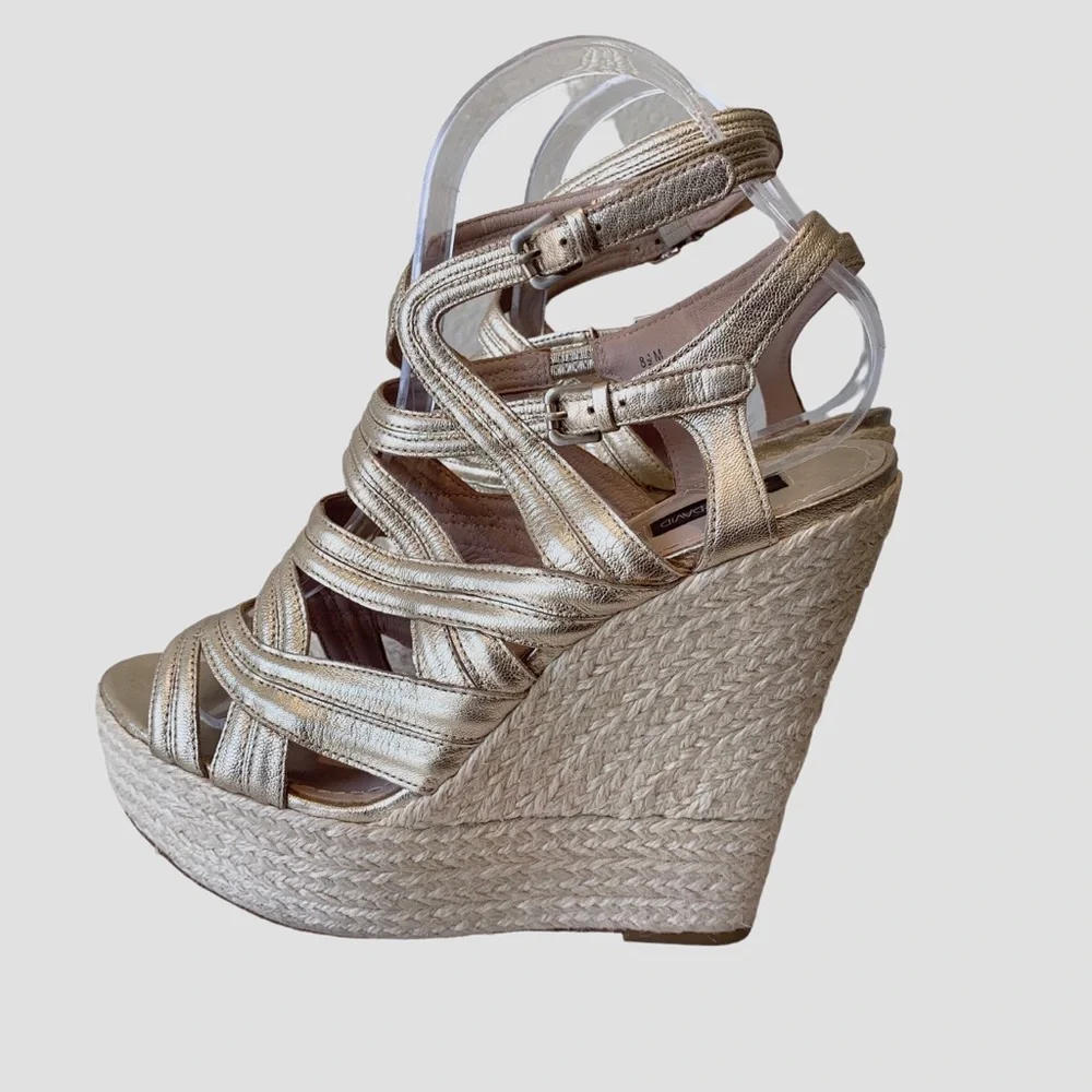 JOAN & DAVID METALLIC GOLD LEATHER STRAP ESPADRILLE WEDGE SANDALS
